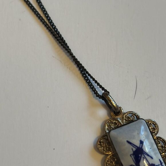 Vintage Delft White and Blue Windmill Pendant with Chain - Picture 4 of 6